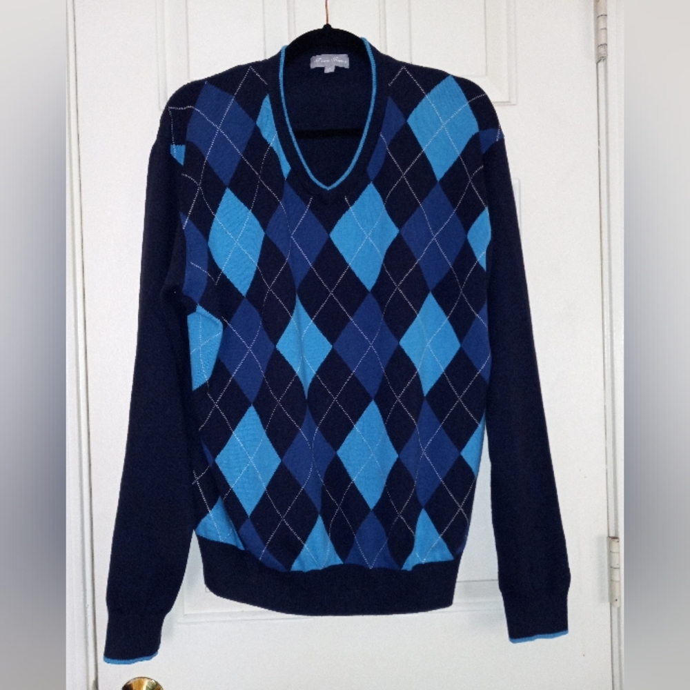 Toscano Firenxe Men's Large Sweater Argyle Navy Blue Teal Cream V-neck